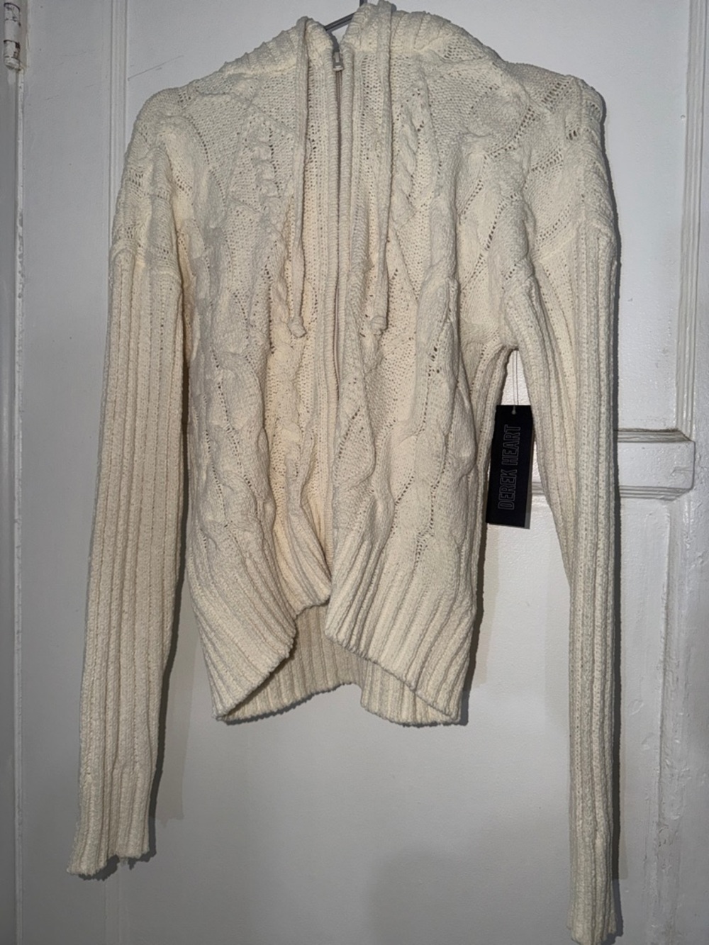 Derek Heart Cream Cable-Knit Hooded Zip Cardigan